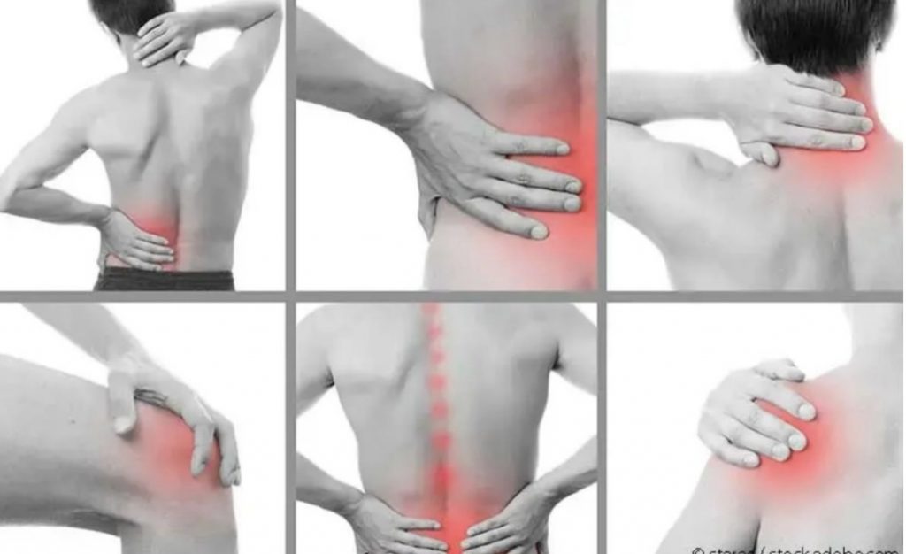 Ein Bild, wo mehrere kleine Bilder von Menschen mit Schmerzen sind.